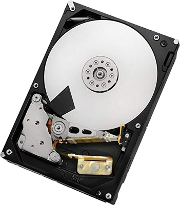    Internal view of the HDD, showing platter, motor, recording arm, recording head, load ramp, and more